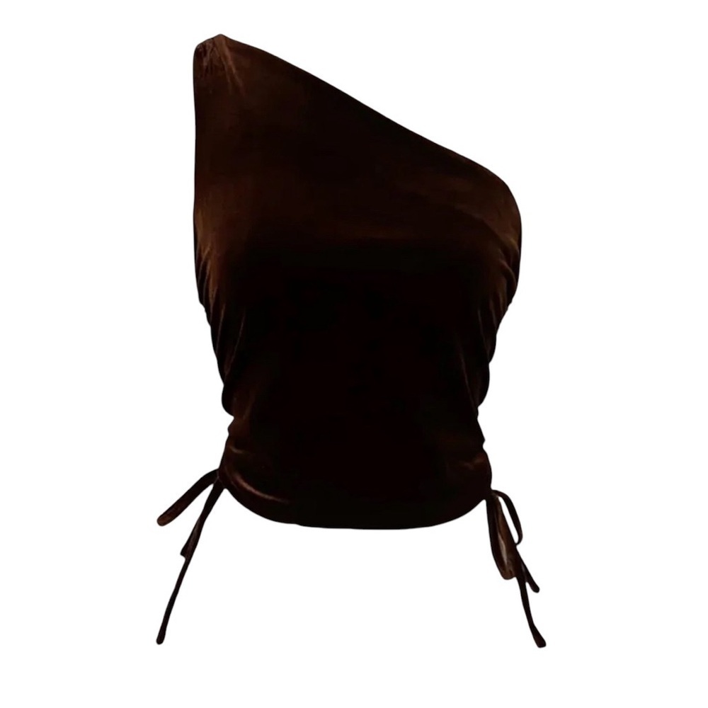 Amanda Uprichard Ania Brown Velvet One Shoulder Top XS Asymmetrical Ruched